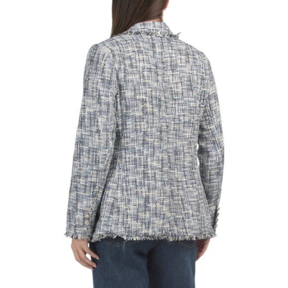 ELLEN TRACY Fringe Trim Double Breasted Boucle Blazer - Picture 2 of 3